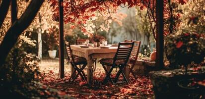 AI generated a table set under red leaves in the garden photo