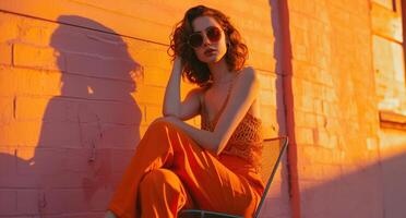 AI generated a tall, skinny woman wearing orange pants and sunglasses sits on a chair. photo