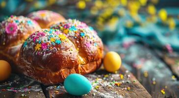 AI generated an easter bread is decorated with eggs and colored frosting. photo