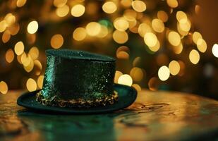 AI generated an image of a green hat on the table with a golden background photo