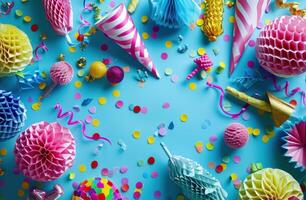 AI generated colorful party decorations are laid on a blue background. photo