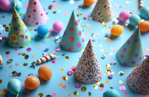 AI generated colorful party decorations are laid on a blue background. photo