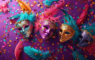 AI generated colorful feathers on a purple background of carnival masks. photo