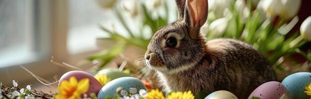 ai generado Pascua de Resurrección conejito y de colores huevos cerca primavera flores foto