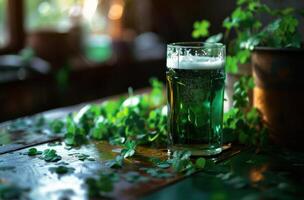 AI generated drinking beer in an open glass on table with clover leaves photo