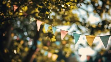 AI generated colorful paper buntings hanging in the air. photo