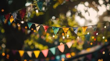 AI generated colorful paper buntings hanging in the air. photo