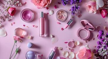 AI generated cosmetic make up products on a pink background photo