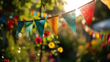 AI generated colourful paper buntings, summer party by sunny day photo