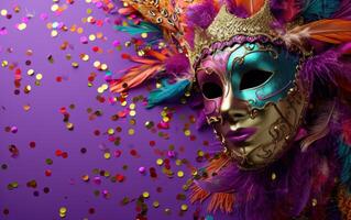 ai generado vistoso plumas en un púrpura antecedentes de carnaval máscaras foto