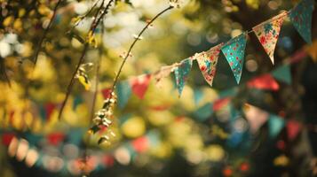 AI generated colorful paper buntings hanging in the air. photo