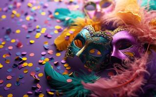 AI generated colorful feathers on a purple background of carnival masks. photo