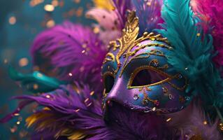 AI generated colorful feathers on a purple background of carnival masks. photo