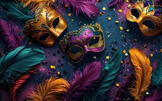 ai generado vistoso plumas en un púrpura antecedentes de carnaval máscaras foto