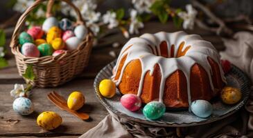 ai generado Pascua de Resurrección bundt pastel con Pascua de Resurrección cesta y vistoso huevos. foto