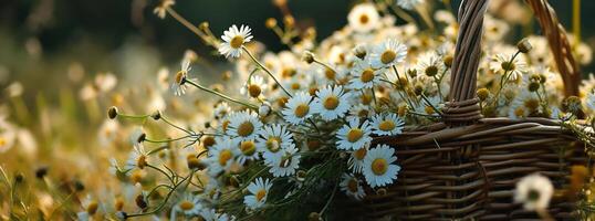 AI generated daisies in basket on field of pasture on a sunny day hd wallpapers photo