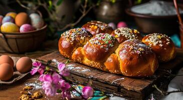 AI generated easter buns with easter eggs, buns and cookies photo