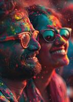 ai generado parejas celebrando el holi color festival. foto