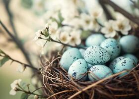 AI generated easter egg basket in a field of yellow flowers. photo