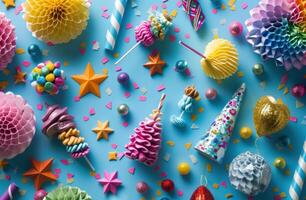 ai generado brillante vistoso cumpleaños decoraciones en un azul antecedentes foto