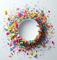 AI generated festive confetti confetti confetti in a circle surrounded by white space for your message. photo