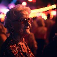 AI generated fun, positive elderly at a disco. photo