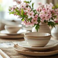 AI generated an elegant spring style setting for the dining table photo