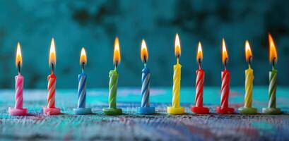 ai generado un fila de ardiente cumpleaños velas forrado arriba en un azul antecedentes foto