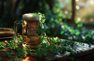 ai generado Bebiendo cerveza en un abierto vaso en mesa con trébol hojas foto