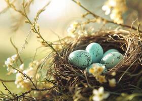 AI generated easter egg basket in a field of yellow flowers. photo