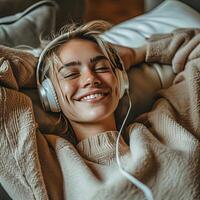 AI generated Happy woman in headphone and listening to music, podcast, audiobook. photo