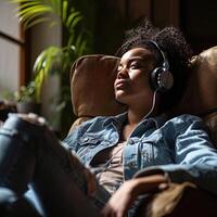 AI generated Happy woman in headphone and listening to music, podcast, audiobook. photo