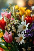 AI generated A close-up shot of a bouquet of fresh spring flowers including tulip photo