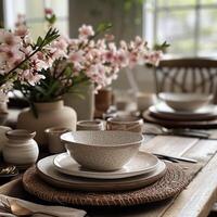 AI generated spring tablescape with pink flowers. photo