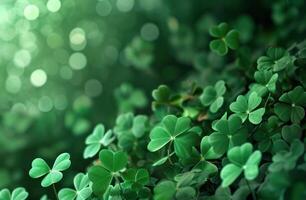 AI generated a green background with shamrock plants, shamrock clip art, and photo