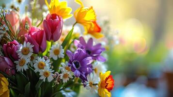 ai generado un de cerca Disparo de un ramo de flores de Fresco primavera flores incluso tulipán foto