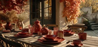 AI generated the dining room set with an autumn view. photo