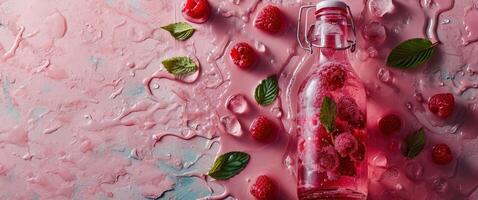ai generado un botella de frambuesa y limón bebidas en un rosado antecedentes foto