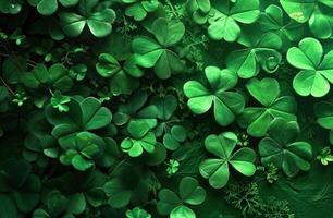 AI generated a green background with shamrock plants, shamrock clip art, and photo