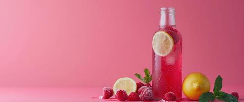 ai generado un botella de frambuesa y limón bebidas en un rosado antecedentes foto