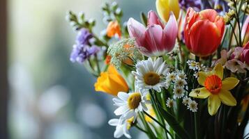 ai generado un de cerca Disparo de un ramo de flores de Fresco primavera flores incluso tulipán foto