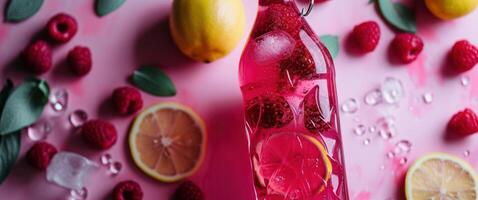 ai generado un botella de frambuesa y limón bebidas en un rosado antecedentes foto