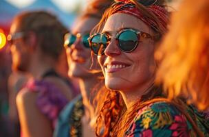 ai generado mujer vistiendo Gafas de sol a un concierto foto