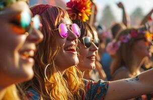 ai generado mujer vistiendo Gafas de sol a un concierto foto