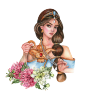 composition avec fille avec longue foncé cheveux avec or tiare sur sa tête avec fleurs. png