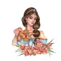 composition avec fille avec longue foncé cheveux avec or tiare sur sa tête avec fleurs. png