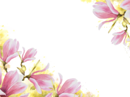 floreale telaio, bandiera acquerello rosa magnolie primavera fiori, mini cuffie, le foglie mano dipinto illustrazione sfondo con verde macchie, schizzi. nozze inviti, saluto carta modello png