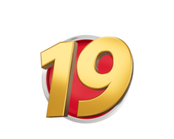 Gold Number 19 Gold Number Nineteen On Rounded Red Icon with Particles, 3d illustration png