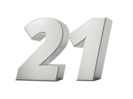 Silver 3d numbers 21 Twenty one. 3d illustration png