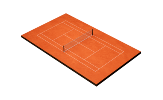 cancha de tenis vista superior de tierra batida campo de cancha con marcas. jugar en la cancha de arcilla roja, red de tenis ilustración 3d png